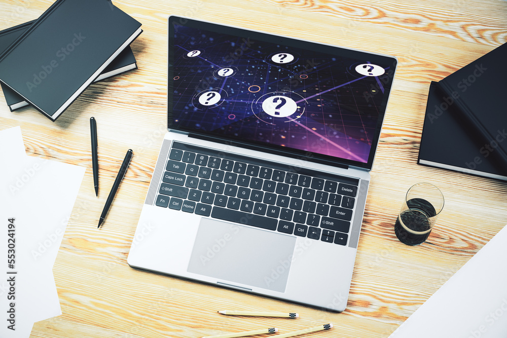 Aufkleber creative concept of question mark illustration on modern laptop screen. faq and search concept. 3d r
