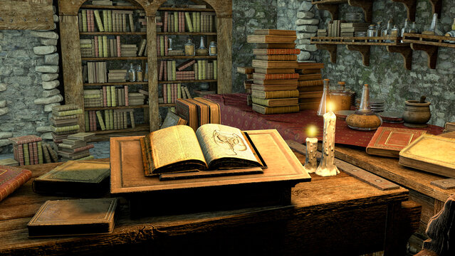 Antique books in an old house, 3D illustration. Antique library. Medieval school. Workplace of a medieval scientist and philosopher