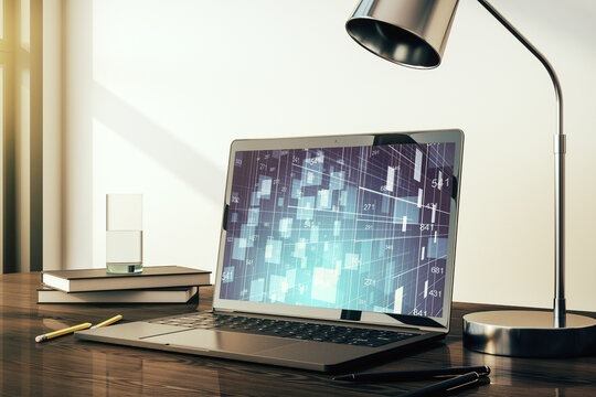 Modern computer display with abstract graphic data spreadsheet sketch, analytics and analysis concept. 3D Rendering - Powered by Adobe