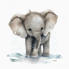 baby elephant walks in the snow
