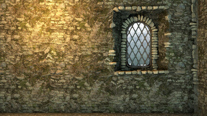 Fototapeta na wymiar Old stone wall with window, 3D illustration