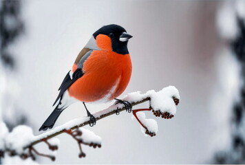 Bullfinch bird sitting on the snow capped branch - obrazy, fototapety, plakaty