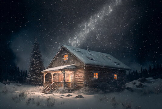 cabin of curiosity, winter snowing