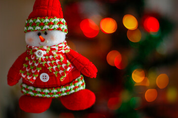 Panoramic view of happy snowman in Christmas secenery with copy space