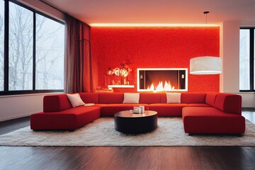 Interior of bright modern living room with fireplace, chandelier and comfortable sofa decorated with Christmas tree and gifts ,generative artificial intelligence