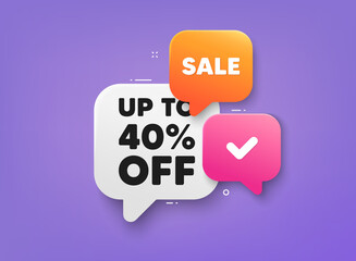Up to 40 percent off sale. 3d bubble chat banner. Discount offer coupon. Discount offer price sign. Special offer symbol. Save 40 percentages. Discount tag adhesive tag. Promo banner. Vector