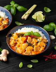 Thai red curry with chicken, vegetables and rice