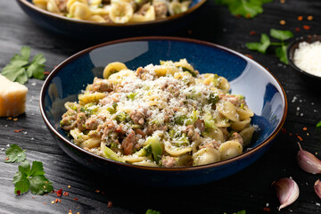 Broccoli Bolognese with Orecchiette pasta, sausage meat and parmesan cheese