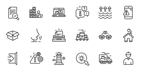 Outline set of Warning, Evaporation and Parcel shipping line icons for web application. Talk, information, delivery truck outline icon. Include Lighthouse, Opened box, Exit icons. Vector