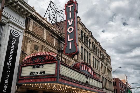 Vintage Tivoli Theater building on popular Broad Street in the downtown district of Chattanooga, Tennessee