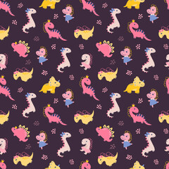 Seamless pattern with dino girls. Design for fabric, textile, wallpaper, packaging.	
