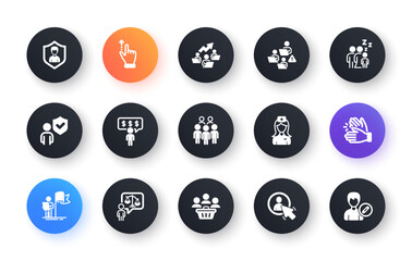 Minimal set of Group people, Buyers and User flat icons for web development. Security agency, Hospital nurse, Teamwork chart icons. Sleep, Touchscreen gesture, Security web elements. Vector