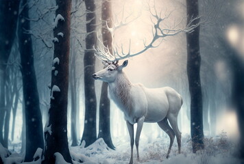 A white stag stands next to a lighted Christmas tree in the forest with a wintry atmosphere