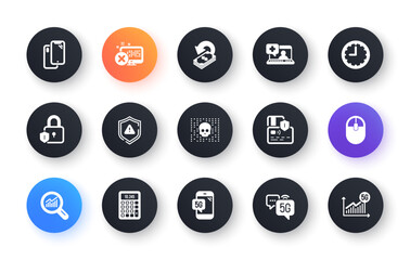 Minimal set of 5g internet, Lock and Cyber attack flat icons for web development. Reject access, Smartphone, Data analysis icons. Computer mouse, Calculator, 5g phone web elements. Vector