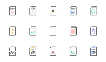 Document line icons. Report, Checklist and Download file. Read message linear icon set. Bicolor outline web elements. Vector
