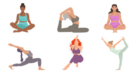 Woman practicing yoga, set of different poses. Healthy lifestyle. Illustration in flat style.
