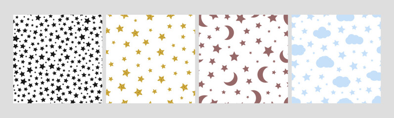 Stars seamless pattern set. Black golden star textures, simple moon and clouds background. Vector textile prints basic shapes, baby cloth design or wallpaper