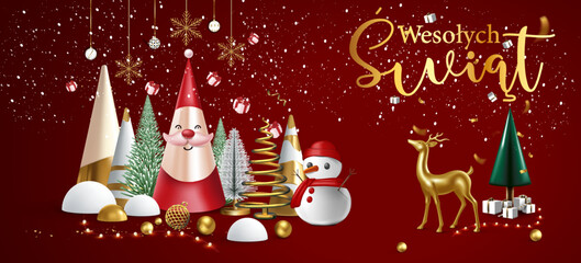 kartka lub baner z życzeniami Wesołych Świąt w złocie na gradientowym bordowym tle z cekinami i po każdej stronie Święty Mikołaj, bałwan, renifery i prezenty