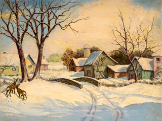 Vintage oil painting on canvas depicting a village landscape with deer in winter. Christmas card illustration.