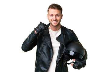 Young caucasian man with a motorcycle helmet over isolated chroma key background making phone gesture. Call me back sign