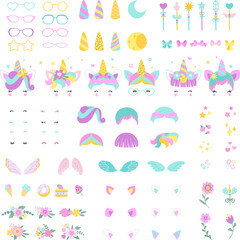 Unicorn faces elements bundle. Unicorns created kit, sweets and floral wreaths. Rainbow pony ears, emotions and lashes. Cartoon nowaday vector set