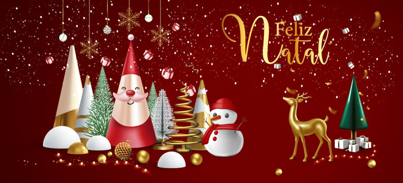 cartão ou banner para desejar um Feliz Natal em ouro em um fundo gradiente bordô com lantejoulas e em cada lado um Papai Noel, boneco de neve, renas e presentes