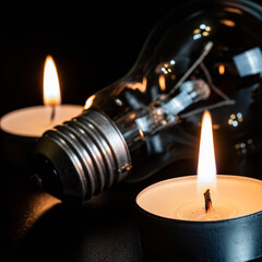 Electric lamp and candle on a dark background. Incandescent lamp and candle. No or power outage....