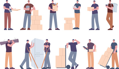 Delivery service characters hold heavy packages. Couriers with box, furniture and food take away. Delivering order, smart logistic kicky vector set