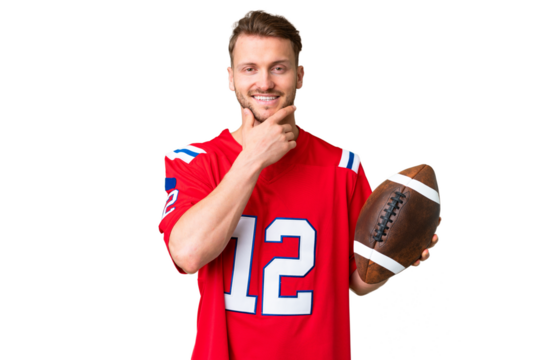 Young caucasian man playing rugby over isolated chroma key background happy and smiling