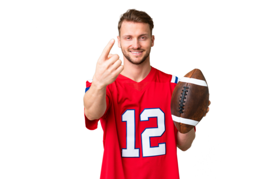 Young caucasian man playing rugby over isolated chroma key background doing coming gesture