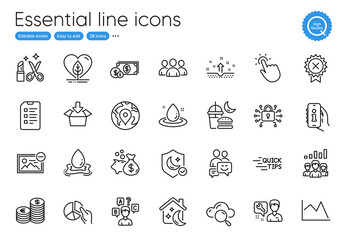 Get box, Group and Pin line icons. Collection of Communication, Loan, Teamwork results icons. Quiz test, Remove image, Security lock web elements. Pie chart, Line chart, Touchpoint. Vector