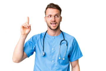 Young nurse man over isolated chroma key background intending to realizes the solution while lifting a finger up