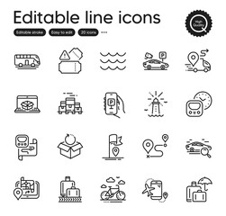 Set of Transportation outline icons. Contains icons as Metro map, Luggage insurance and Flag elements. Boxes pallet, Baggage reclaim, Journey web signs. Bike rental, Waves. Vector