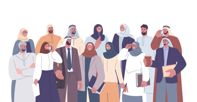 Arabian business people team. Young arab colleagues portrait, saudi businessmen and women work together. Muslim corporate kicky vector characters