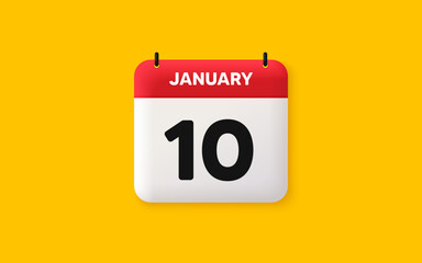 Calendar date 3d icon. 10th day of the month icon. Event schedule date. Meeting appointment time. Agenda plan, January month schedule 3d calendar and Time planner. 10th day day reminder. Vector