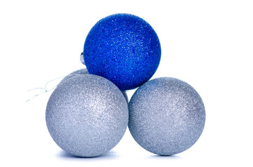 Silver and blue christmas tree balls on white background isolation