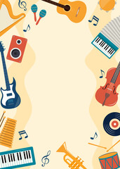 Fototapeta premium Musical flyer, poster, invitation template. Musical instruments and vinyl record. Guitar, synthesizer, violin, cello, drum, cymbals, saxophone, tambourine, harp. Vector illustration.