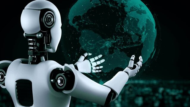 Futuristic robot artificial intelligence huminoid AI programming coding technology development and machine learning concept. Robotic bionic science research for future of human life. 3D rendering.