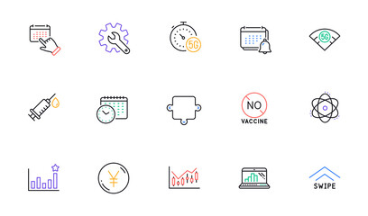 Puzzle, Calendar time and Financial diagram line icons for website, printing. Collection of No vaccine, Customisation, Yen money icons. Swipe up, Medical syringe, Efficacy web elements. Vector