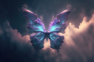 papillon magique violet dans un ciel de nuages - obrazy, fototapety, plakaty