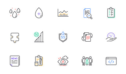 Fake news, Puzzle and Inspect line icons for website, printing. Collection of Seo script, Safe time, Oil serum icons. Stress, Bureaucracy, Checklist web elements. Accounting. Vector