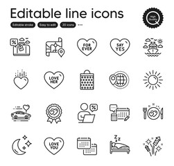 Set of Holidays outline icons. Contains icons as Travel loan, Fireworks rocket and Sleep elements. Honeymoon travel, Love you, Online discounts web signs. Sun, Shopping bag, Heart elements. Vector