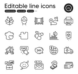 Set of Business outline icons. Contains icons as Open door, Ambulance car and Fake information elements. Food donation, Love cooking, Print image web signs. Wallet, Cashback. Vector