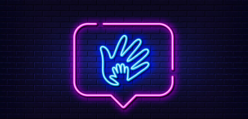 Neon light speech bubble. Hand line icon. Social responsibility sign. Honesty, collaboration symbol. Neon light background. Social responsibility glow line. Brick wall banner. Vector