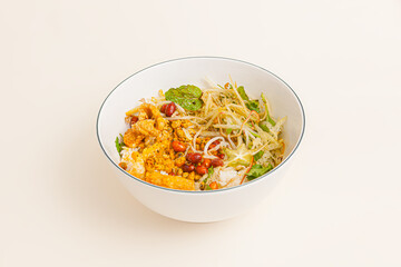 Com hen, Vietnamese rice dish with baby basket clams rice, Vietnamese food isolated on white background, perspective view