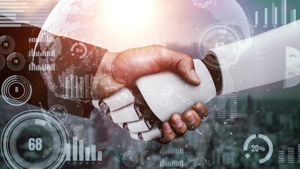 Future financial technology controll by AI robot huminoid uses machine learning and artificial intelligence to analyze business data and give advice on investment and trading decision . 3D rendering .