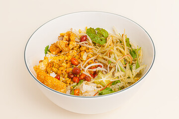 Com hen, Vietnamese rice dish with baby basket clams rice, Vietnamese food isolated on white background; close-up