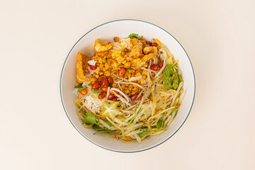 Com hen, Vietnamese rice dish with baby basket clams rice, Vietnamese food isolated on white background; top view