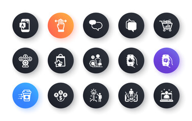 Minimal set of Buying currency, Seo shopping and Loyalty points flat icons for web development. Ab testing, Chat message, Like app icons. Multitasking gesture, Augmented reality. Vector