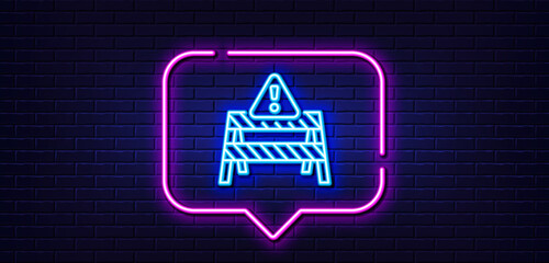 Neon light speech bubble. Warning road sign line icon. Attention triangle sign. Caution alert symbol. Neon light background. Warning road glow line. Brick wall banner. Vector